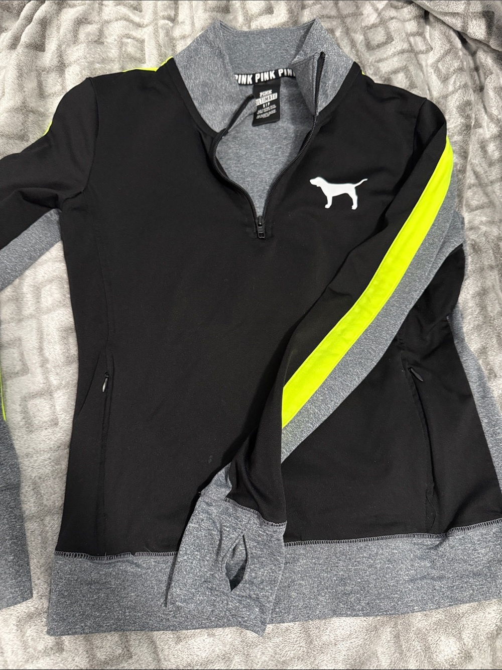 PINK Victoria's Secret Black Heather Gray Pullover with Neon Yellow Stripe